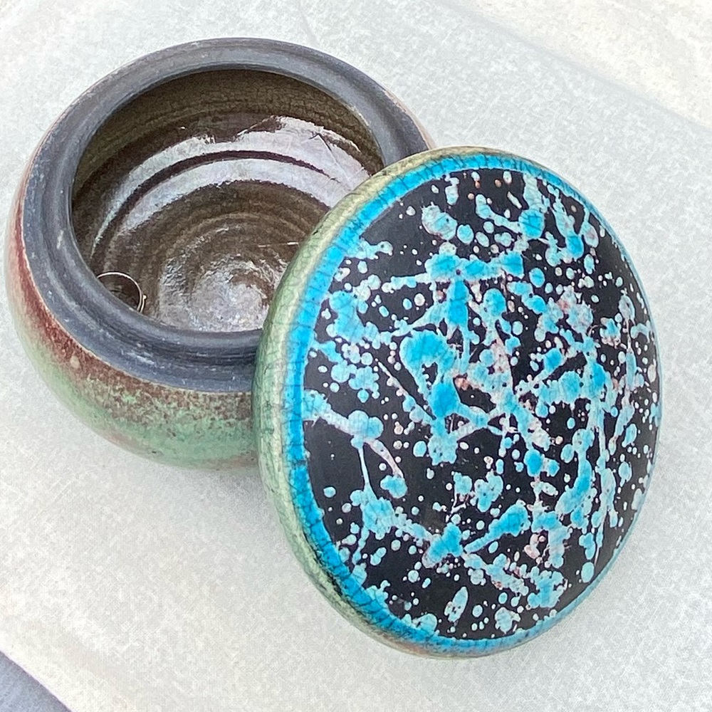Gorgeous ceramic Raku glazed canister Signed